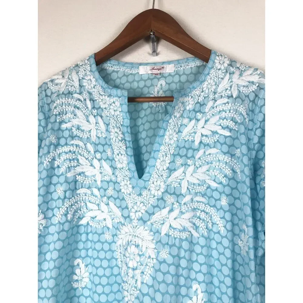 Amaya Textiles Size 40 (10) Blue White Floral Embroidered Kaftan Caftan Dress - Picture 3 of 12